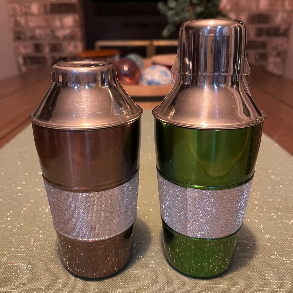 Cynthia Rowley Set of 2 Cocktail Shakers Green Bronze Glitter Band